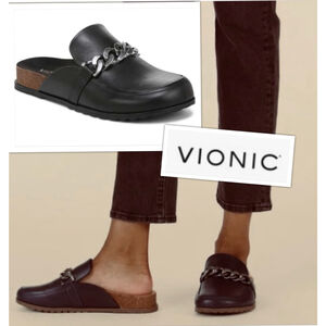Vionic Women's Black Leather Chain-Accent Mules